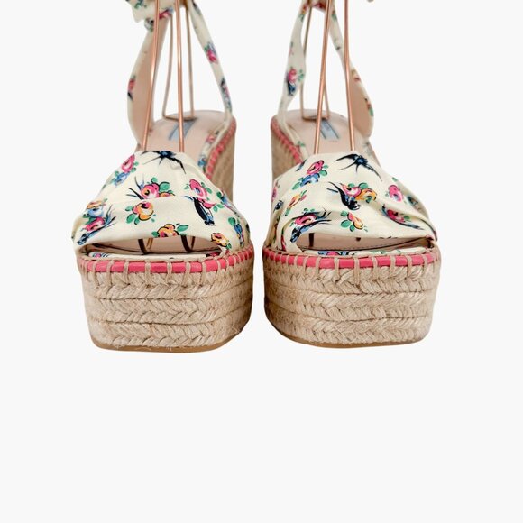 Prada Floral Espadrille Wedge Sandals Size 40 US 10 Ivory Satin Platform Wrap - Picture 6 of 15